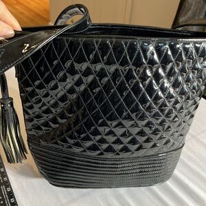 Ramora black quilted patent leather bag long adjustable strap inside zip pocket